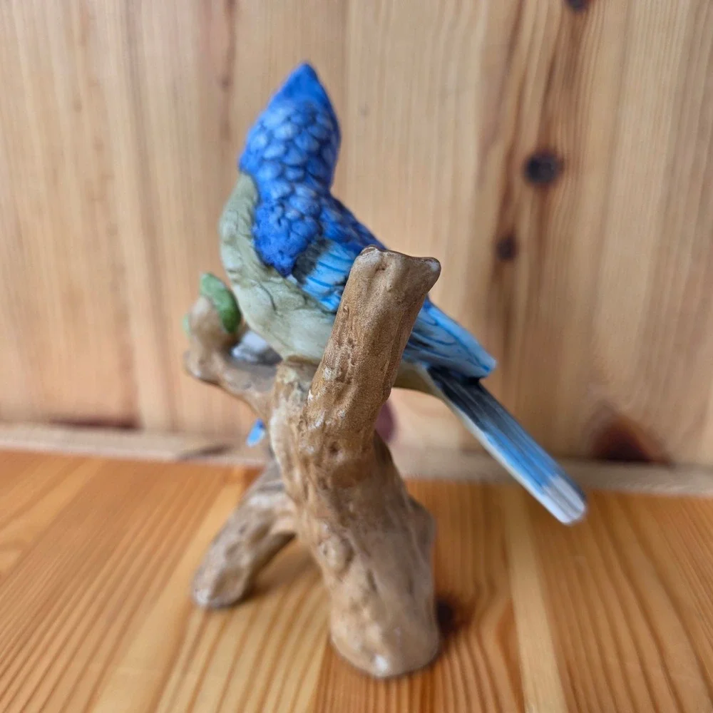 Vintage Porcelain Blue Jay and Fledgling Bird Figurine on Branch with Flower